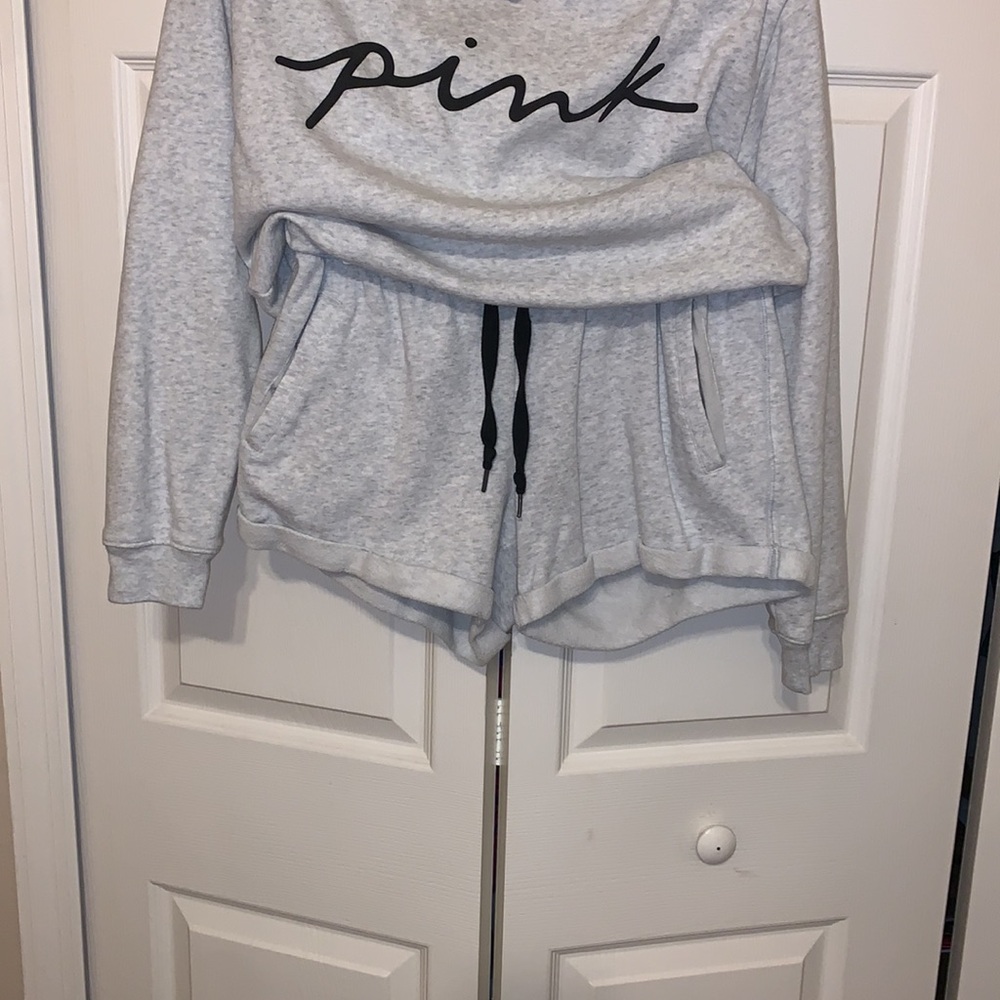 Pink gray crew neck sweater and shorts set